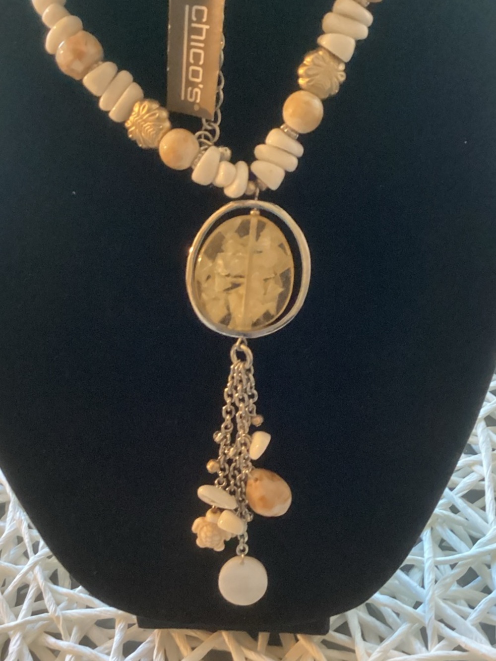 Chico's Cream and Gold Beaded Pendant Tassel Necklace